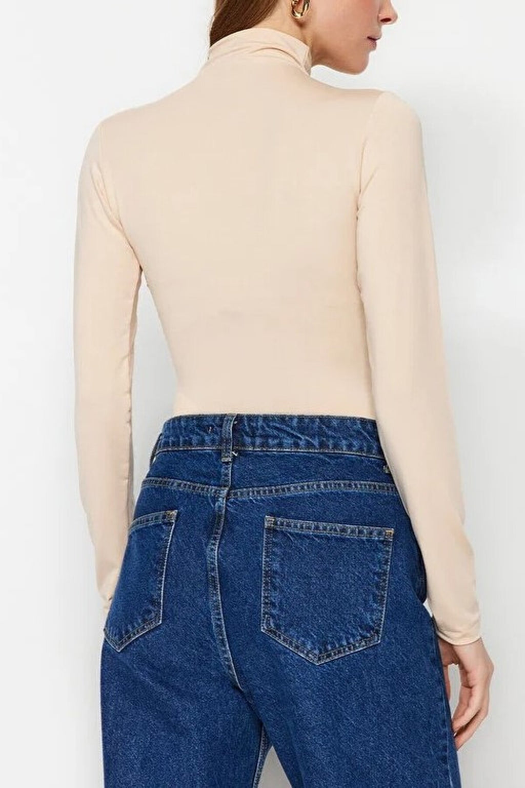 Stand Collar Knit Bodysuit with Gathered Detail