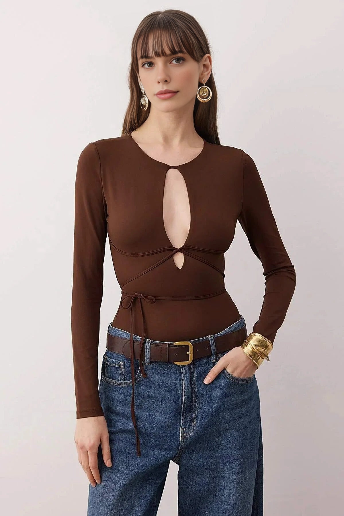 Deep V-Neck Tied Knit Party Bodysuit