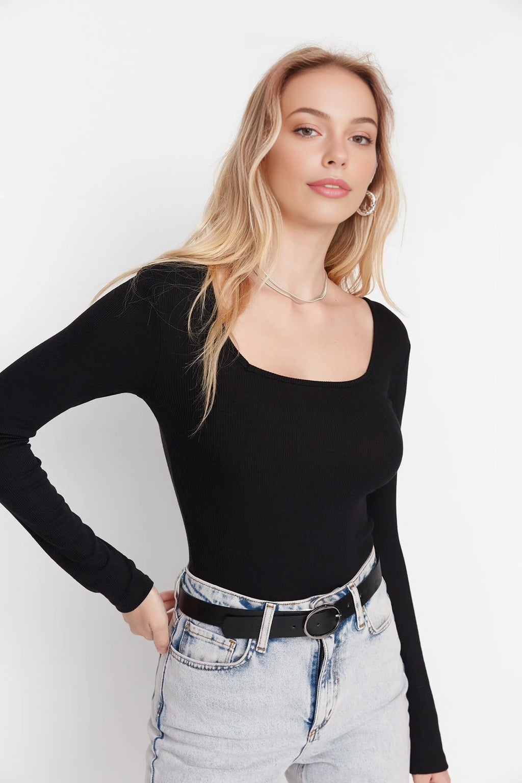 Square Neck Long Sleeve Ribbed Knit Bodysuit