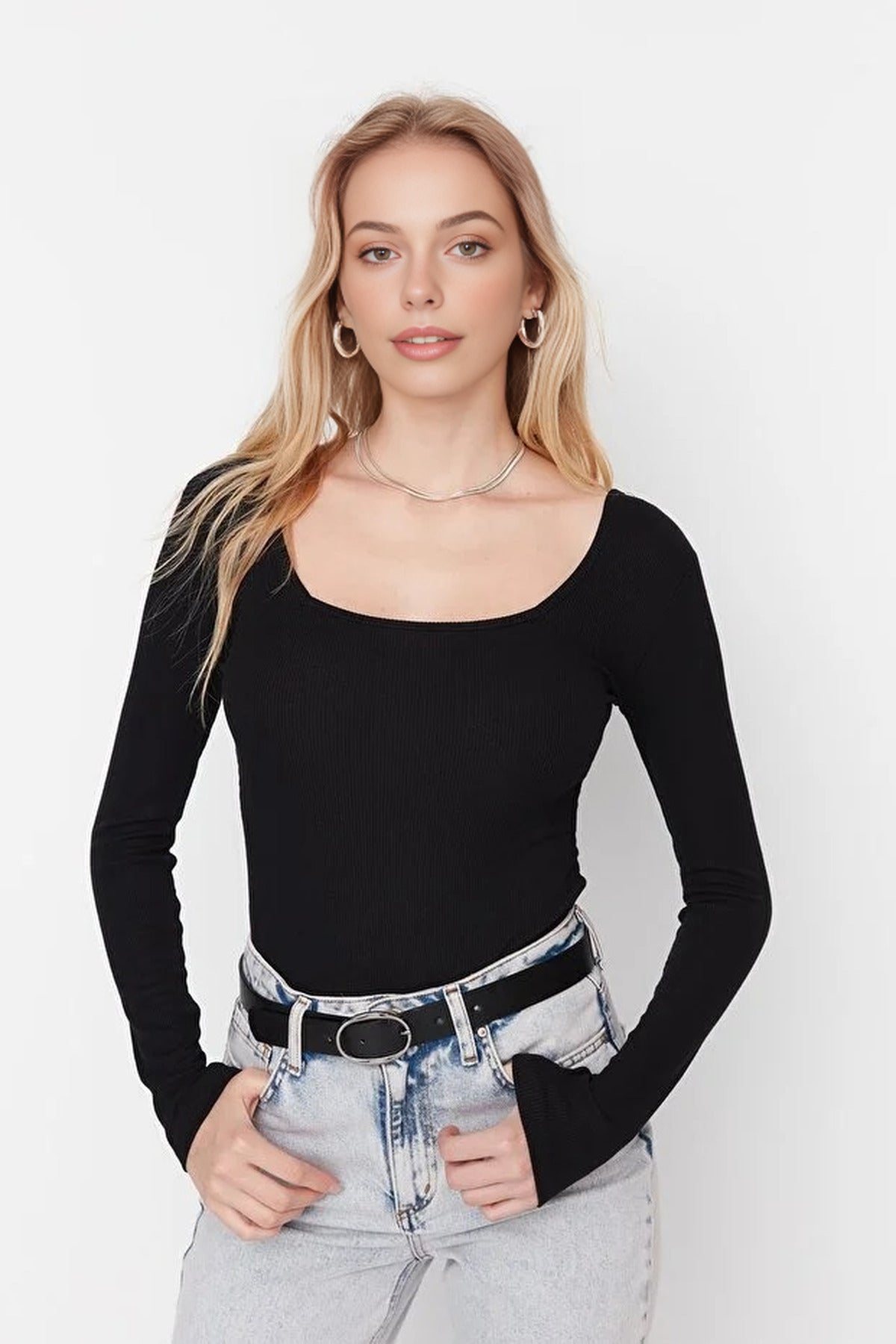 Square Neck Long Sleeve Ribbed Knit Bodysuit