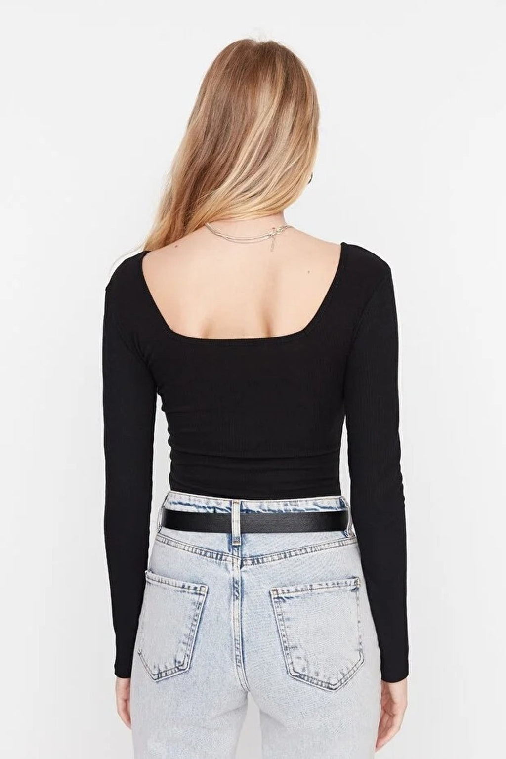 Square Neck Long Sleeve Ribbed Knit Bodysuit