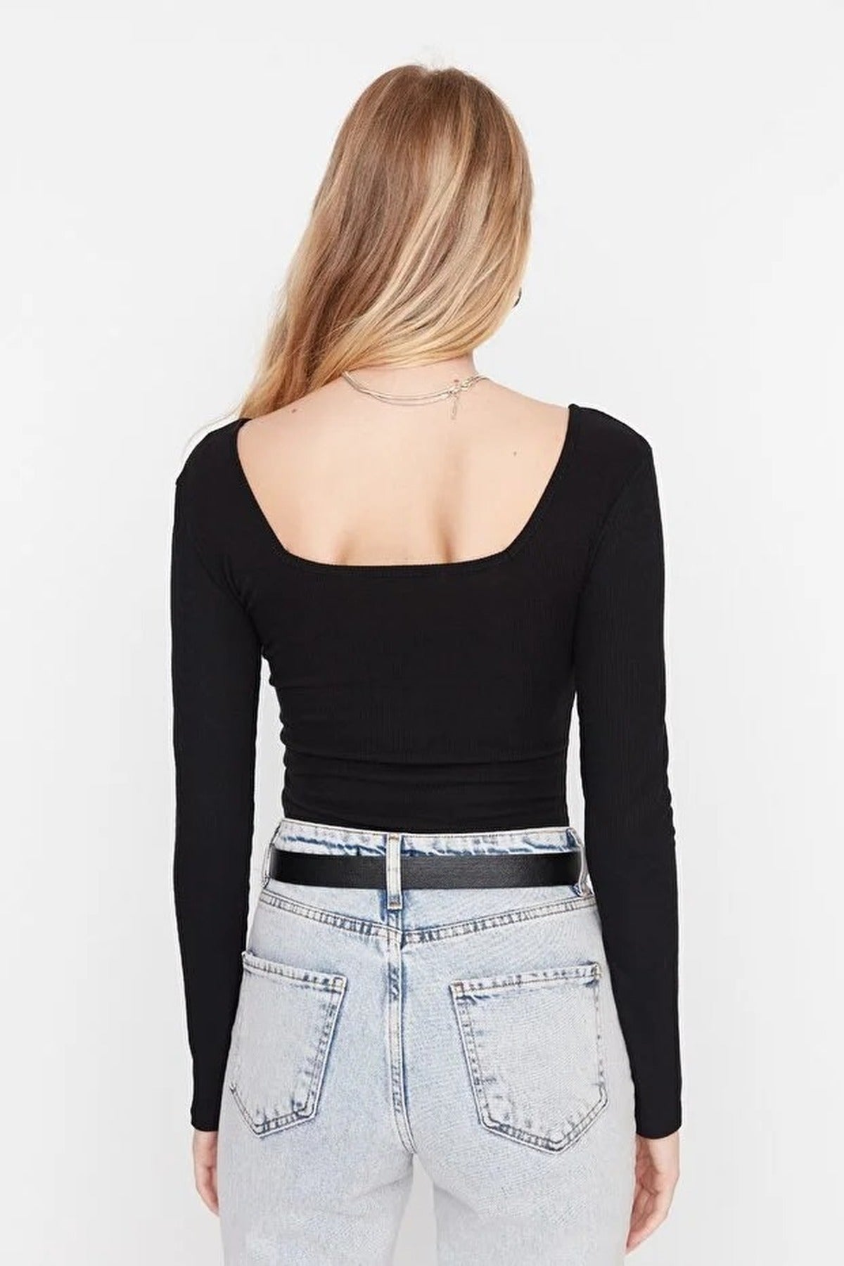 Square Neck Long Sleeve Ribbed Knit Bodysuit