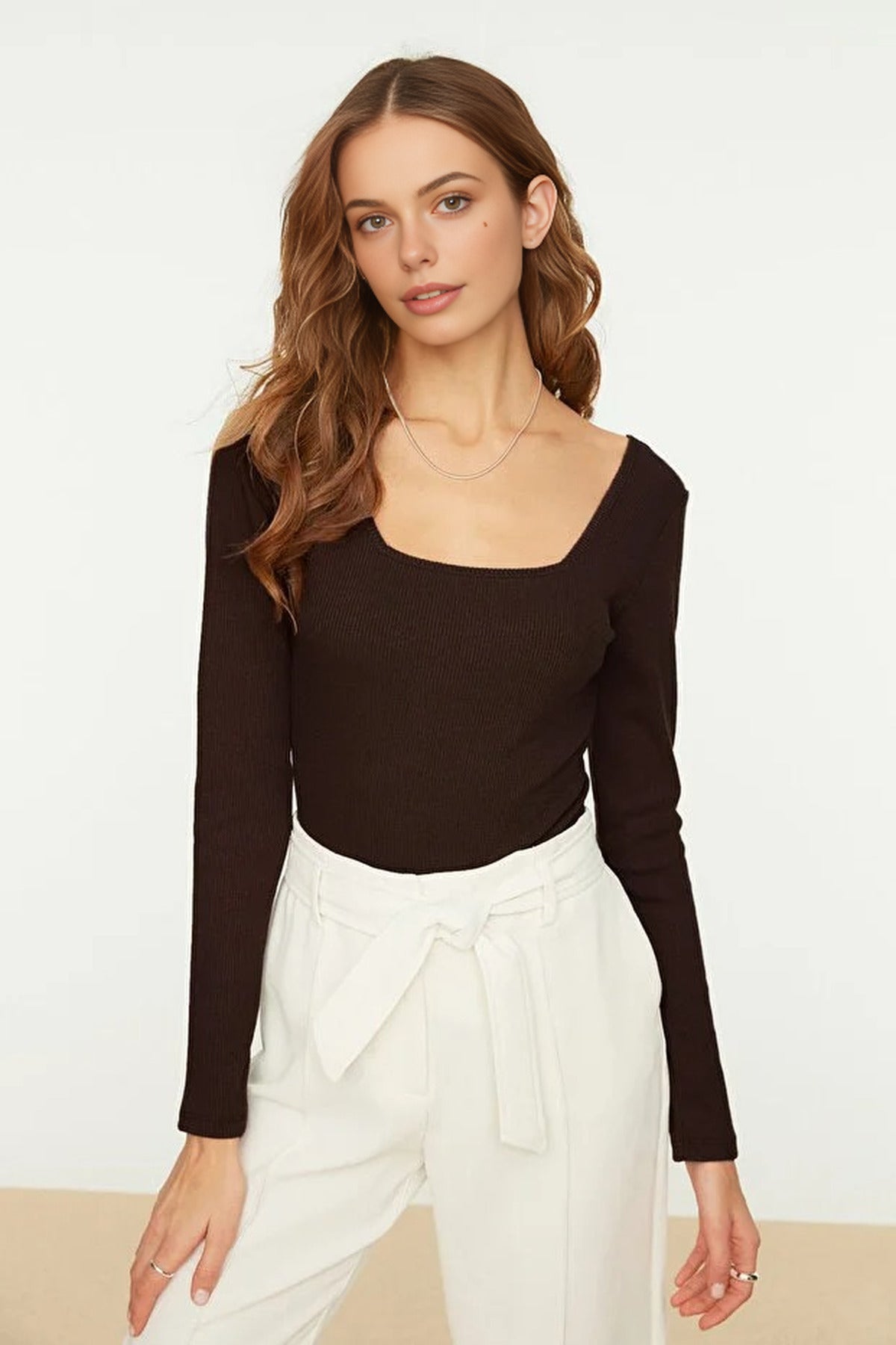 Square Neck Long Sleeve Ribbed Knit Bodysuit