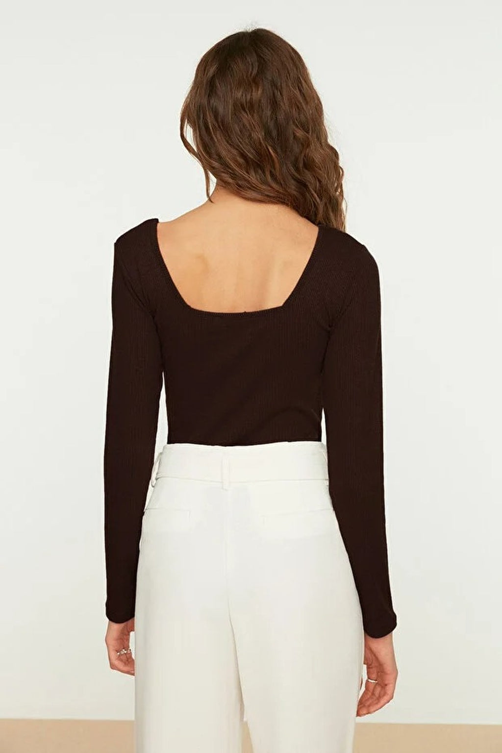 Square Neck Long Sleeve Ribbed Knit Bodysuit