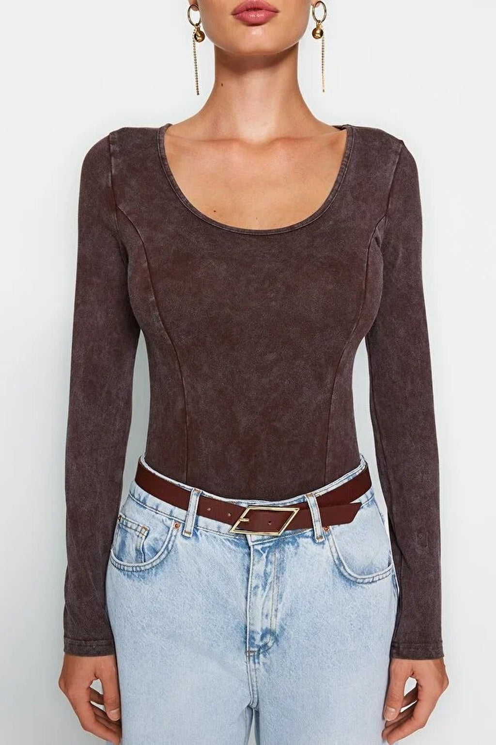 Cotton Long Sleeve Knitted Bodysuit with Faded Effect