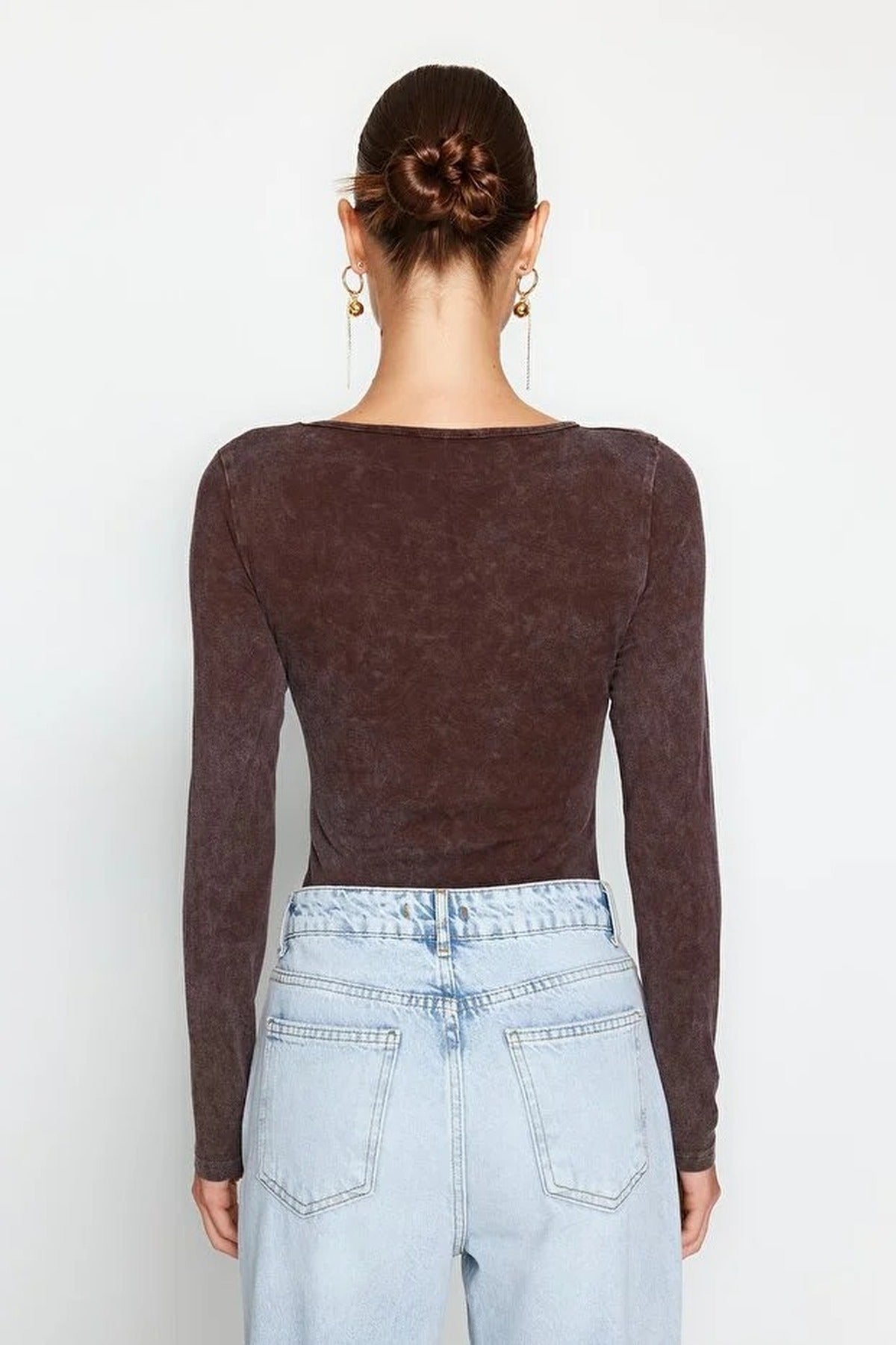 Cotton Long Sleeve Knitted Bodysuit with Faded Effect