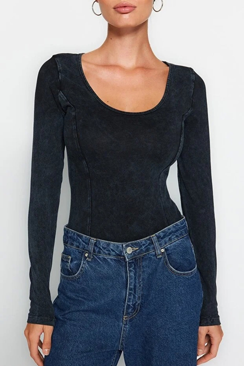 Cotton Long Sleeve Knitted Bodysuit with Faded Effect