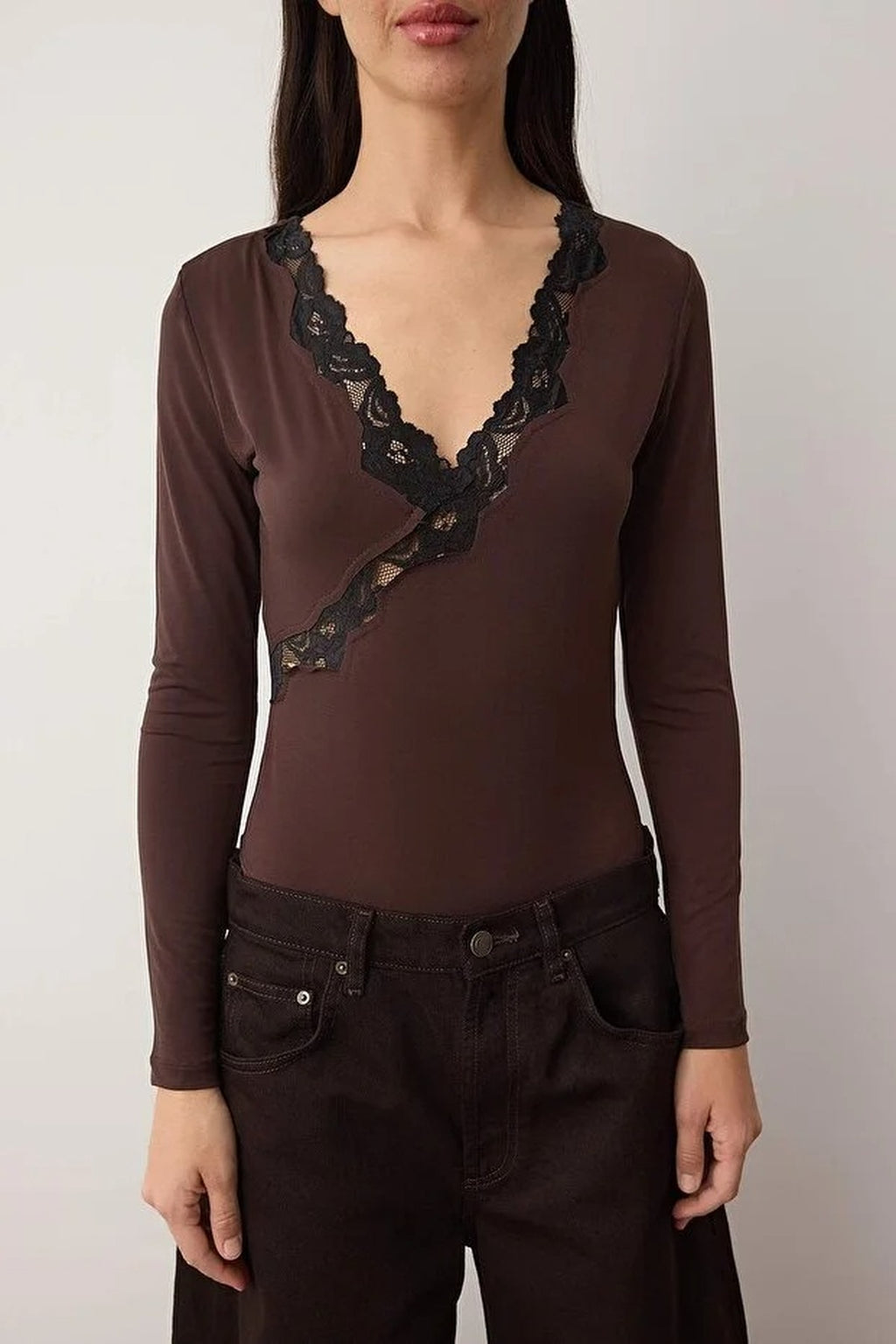 Lace Detail V-Neck Knit Bodysuit