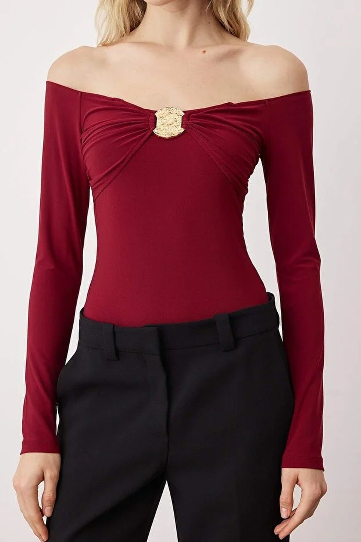 Carmen Collar Knit Party Bodysuit with Gold Accessories
