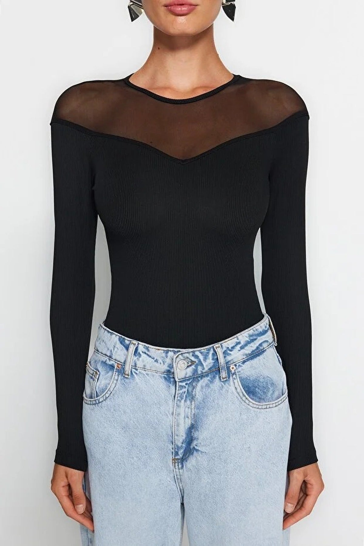 Tulle Detailed Heart Neck Ribbed Knit Bodysuit