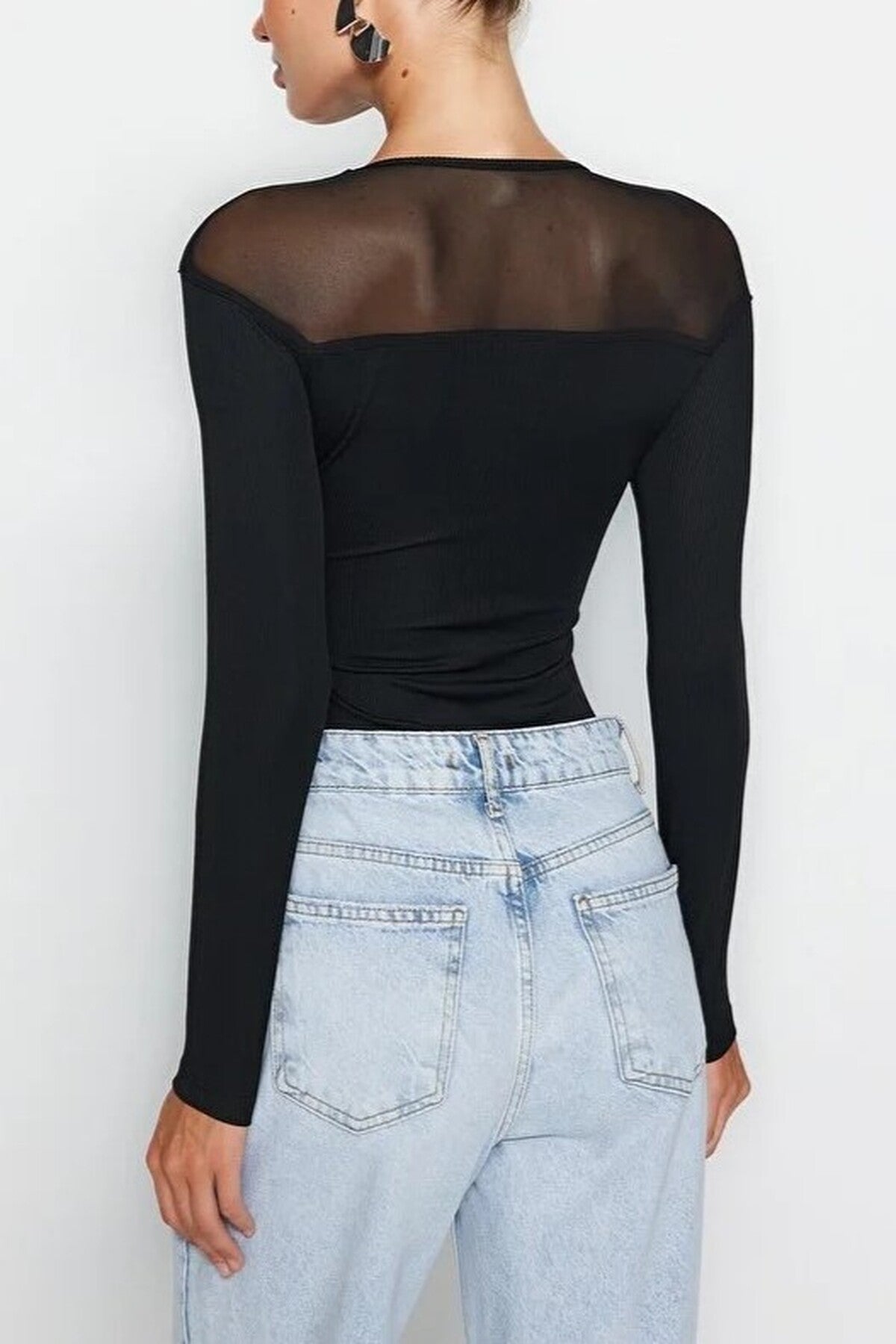 Tulle Detailed Heart Neck Ribbed Knit Bodysuit