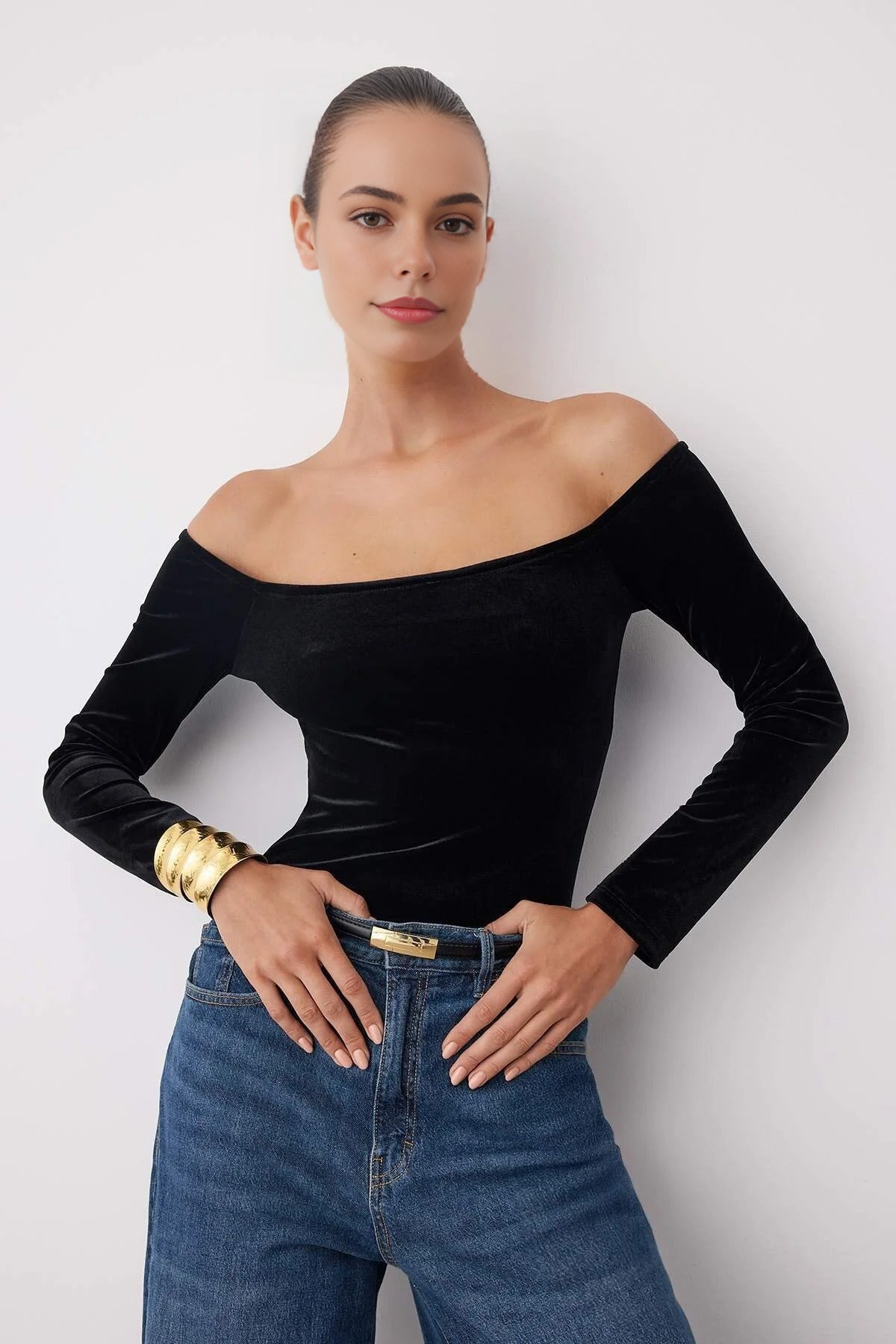 Carmen Collar Knit Velvet Party Bodysuit