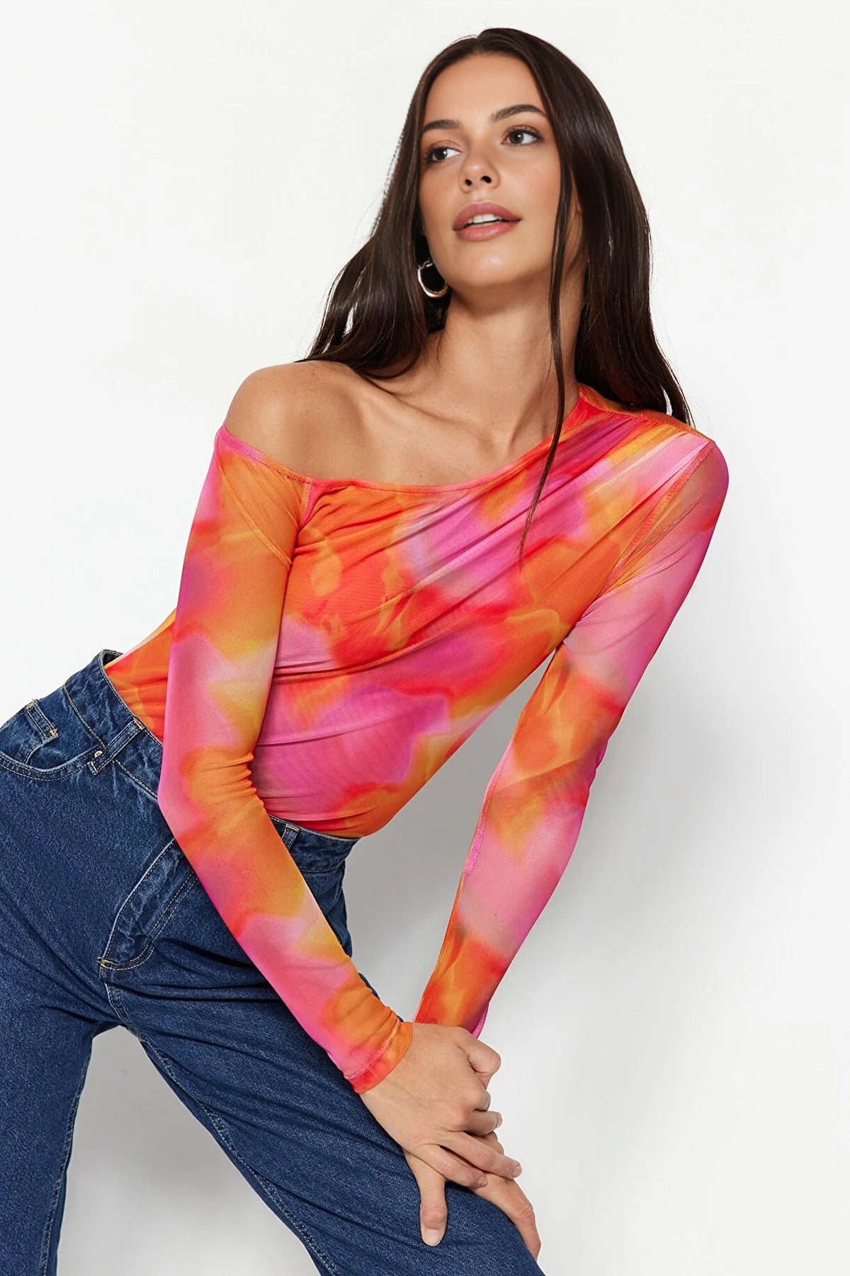 Knit Bodysuit with a Transparent Tulle Back Detail