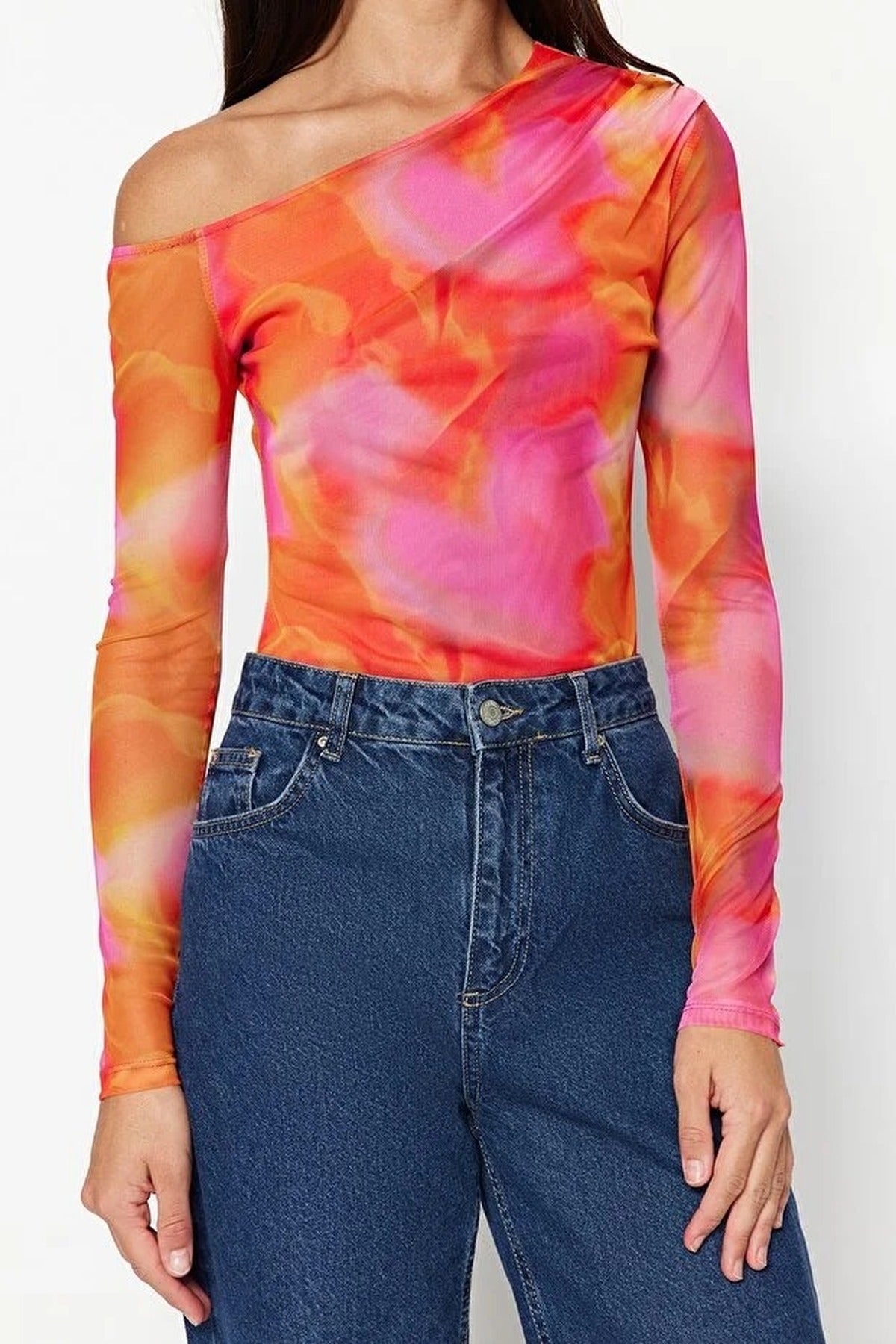 Knit Bodysuit with a Transparent Tulle Back Detail