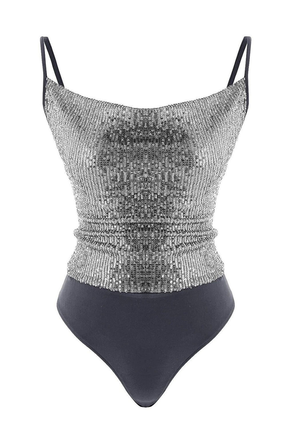 Sequin Knit Bodysuit with Cowl Neck Straps