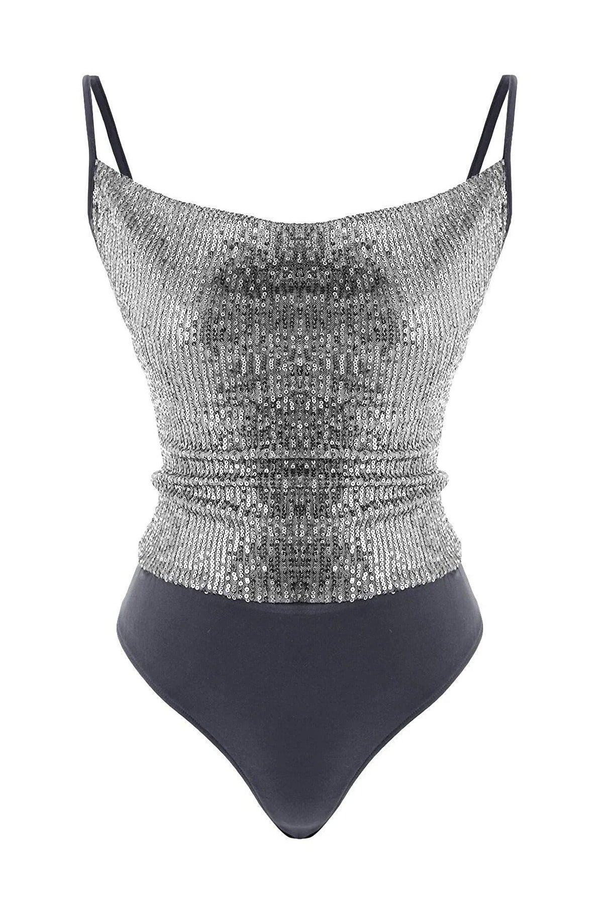 Sequin Knit Bodysuit with Cowl Neck Straps