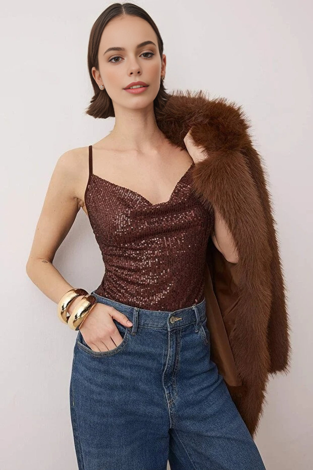 Sequin Knit Bodysuit with Cowl Neck Straps