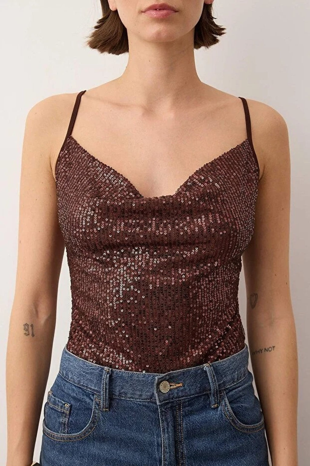 Sequin Knit Bodysuit with Cowl Neck Straps