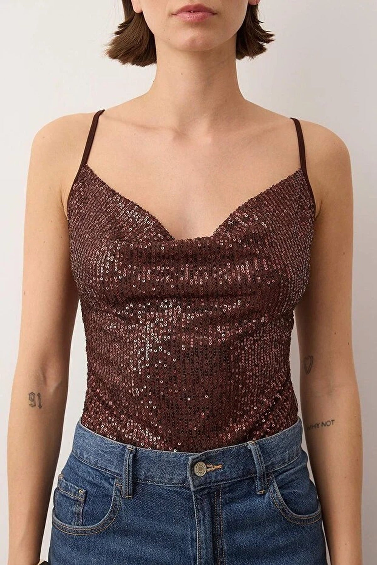 Sequin Knit Bodysuit with Cowl Neck Straps