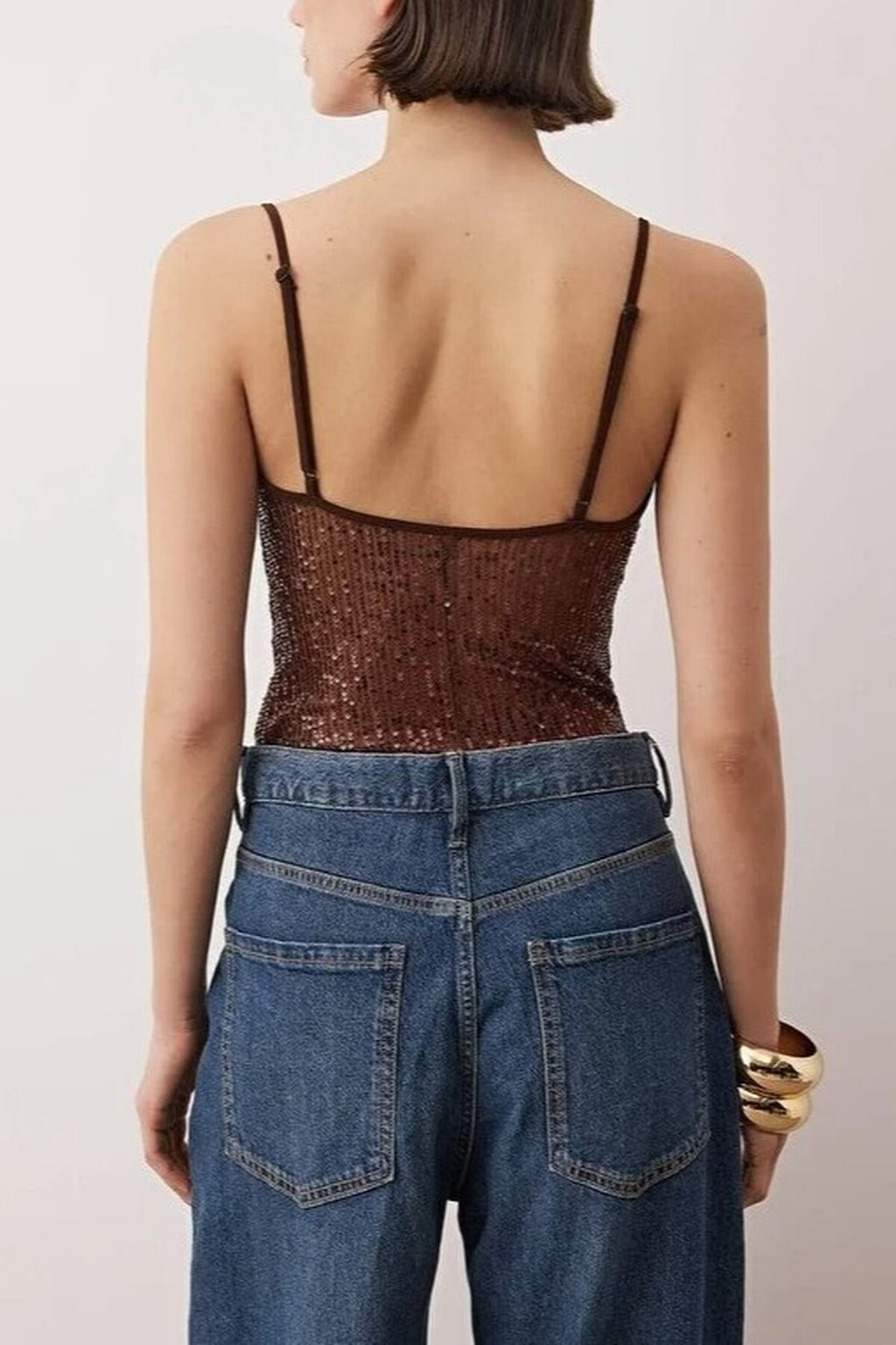 Sequin Knit Bodysuit with Cowl Neck Straps