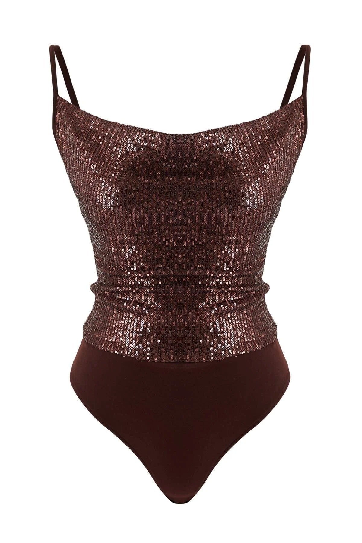 Sequin Knit Bodysuit with Cowl Neck Straps