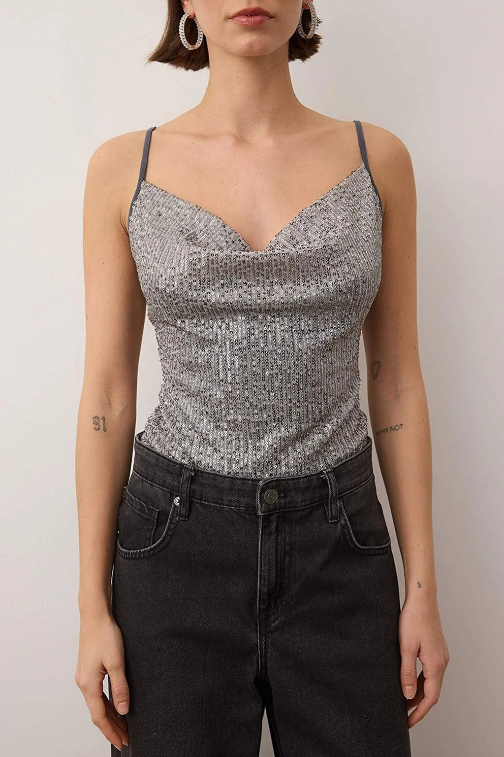 Sequin Knit Bodysuit with Cowl Neck Straps