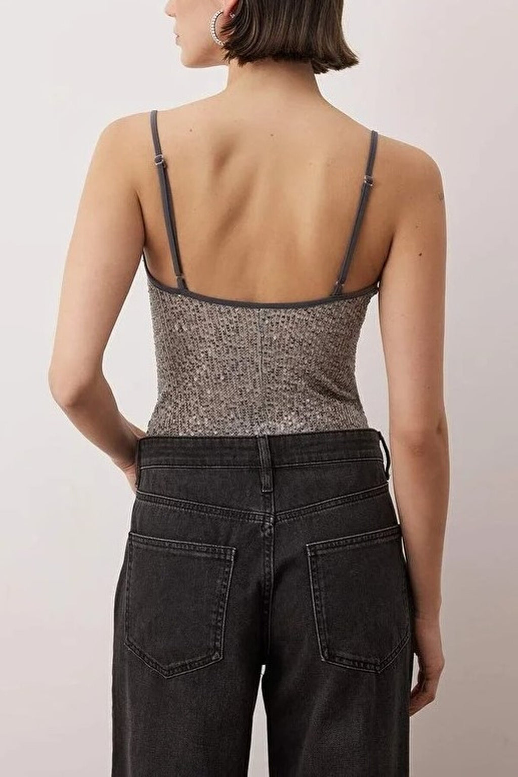 Sequin Knit Bodysuit with Cowl Neck Straps