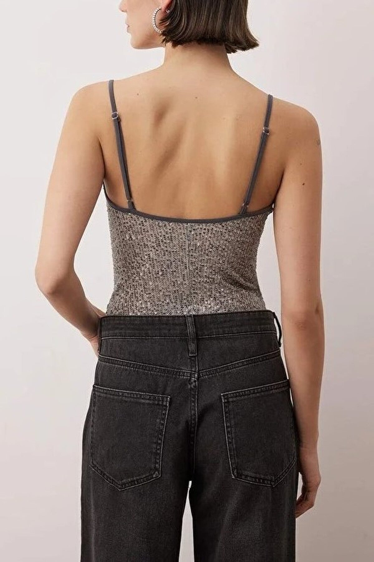 Sequin Knit Bodysuit with Cowl Neck Straps