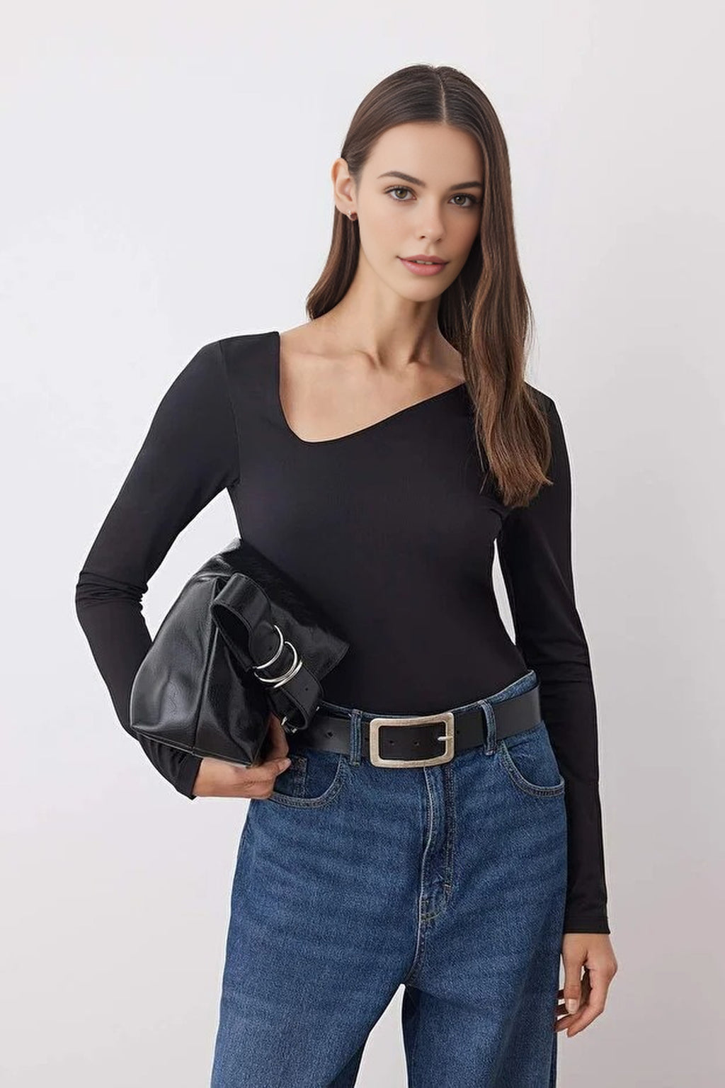 Knit Bodysuit with Asymmetrical Collar Detail