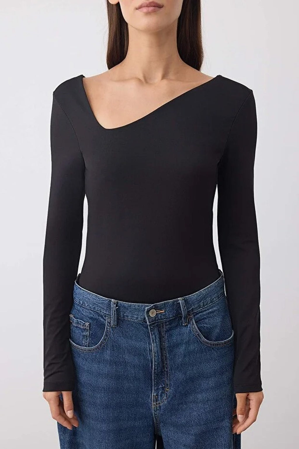 Knit Bodysuit with Asymmetrical Collar Detail