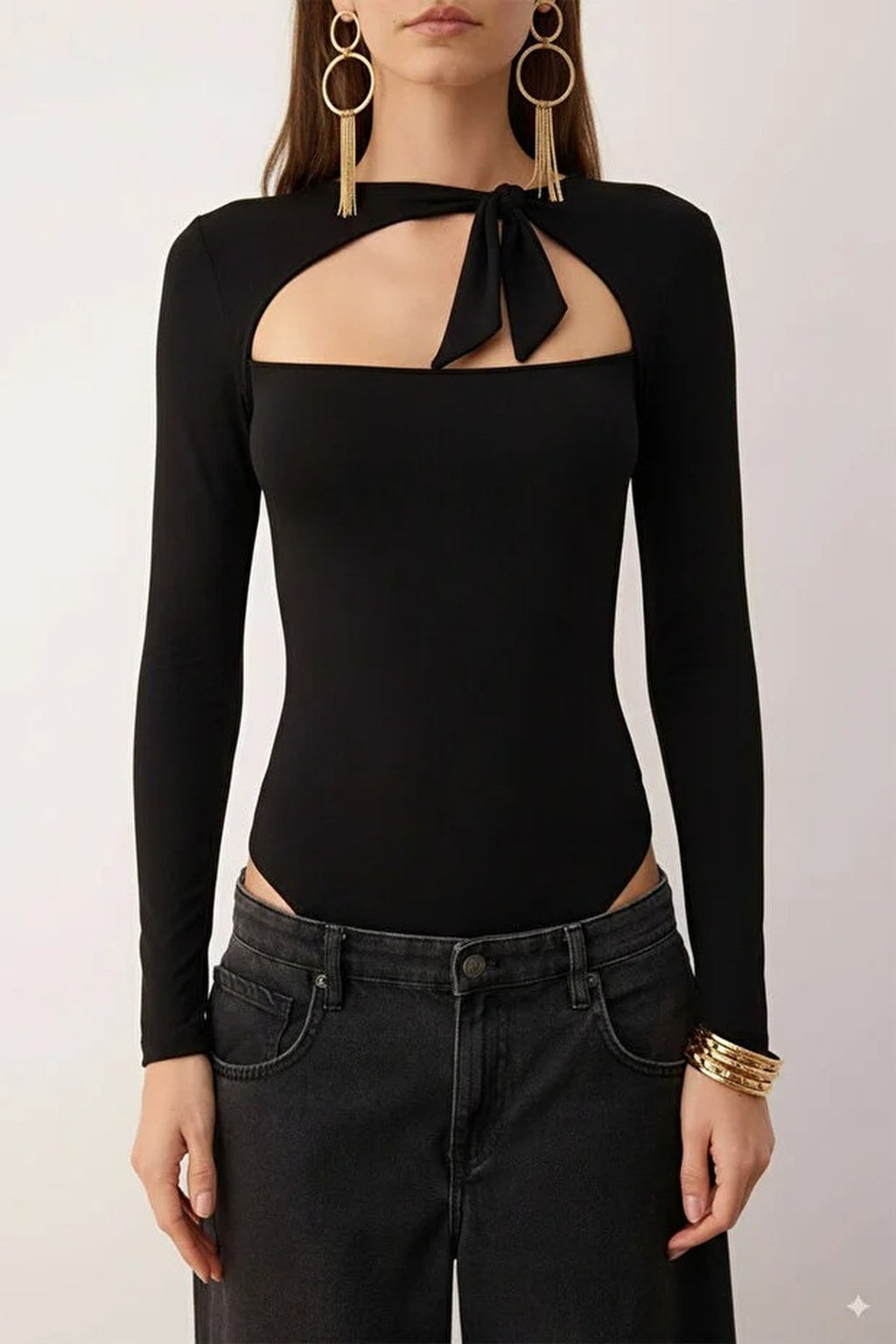 Asymmetrical Collar Knit Bodysuit with Tie Detail