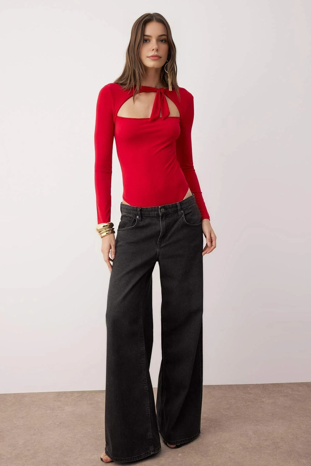 Asymmetrical Collar Knit Bodysuit with Tie Detail