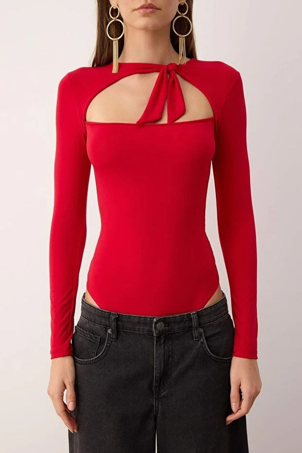 Asymmetrical Collar Knit Bodysuit with Tie Detail