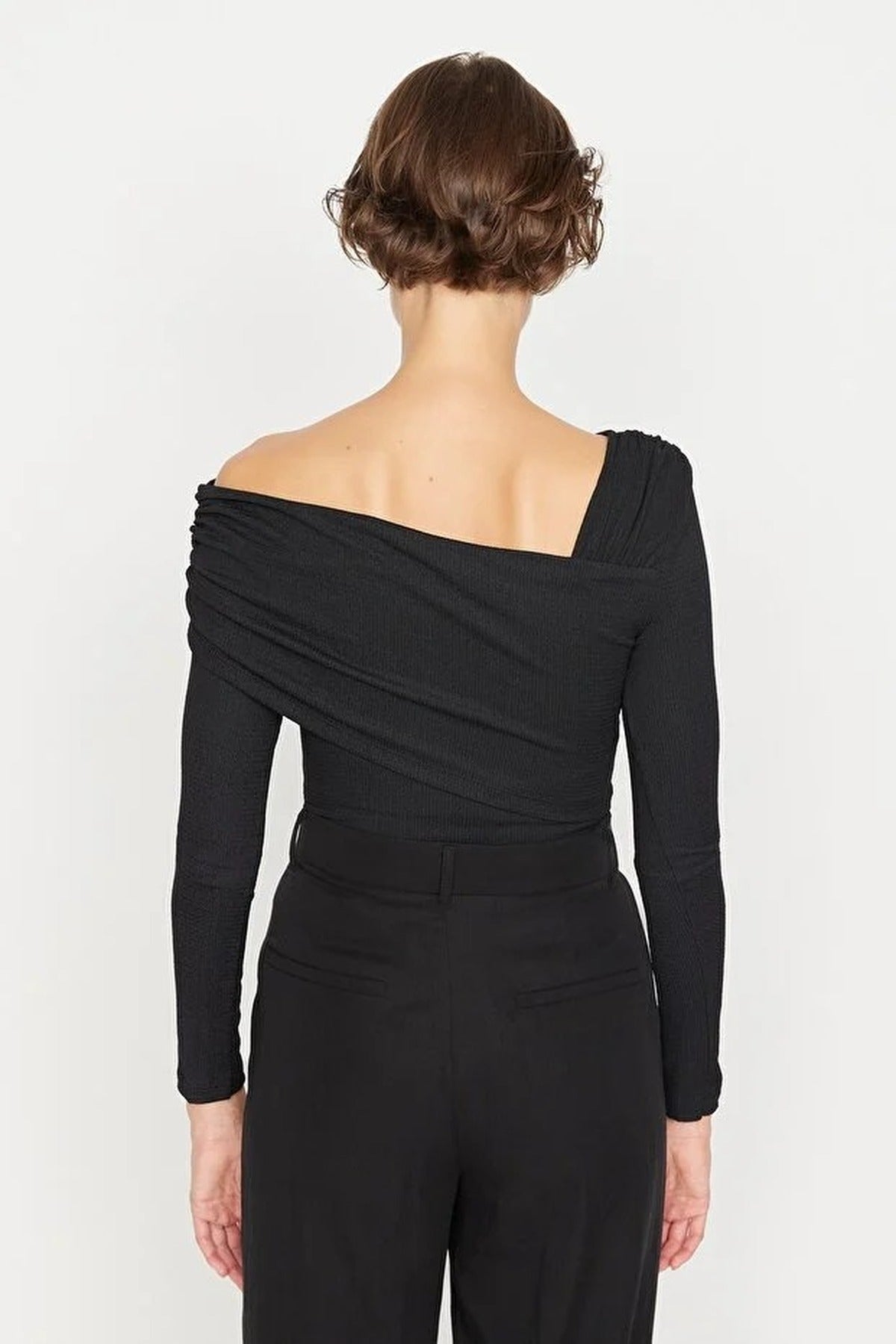 Asymmetrical Collar Draped Knit Bodysuit