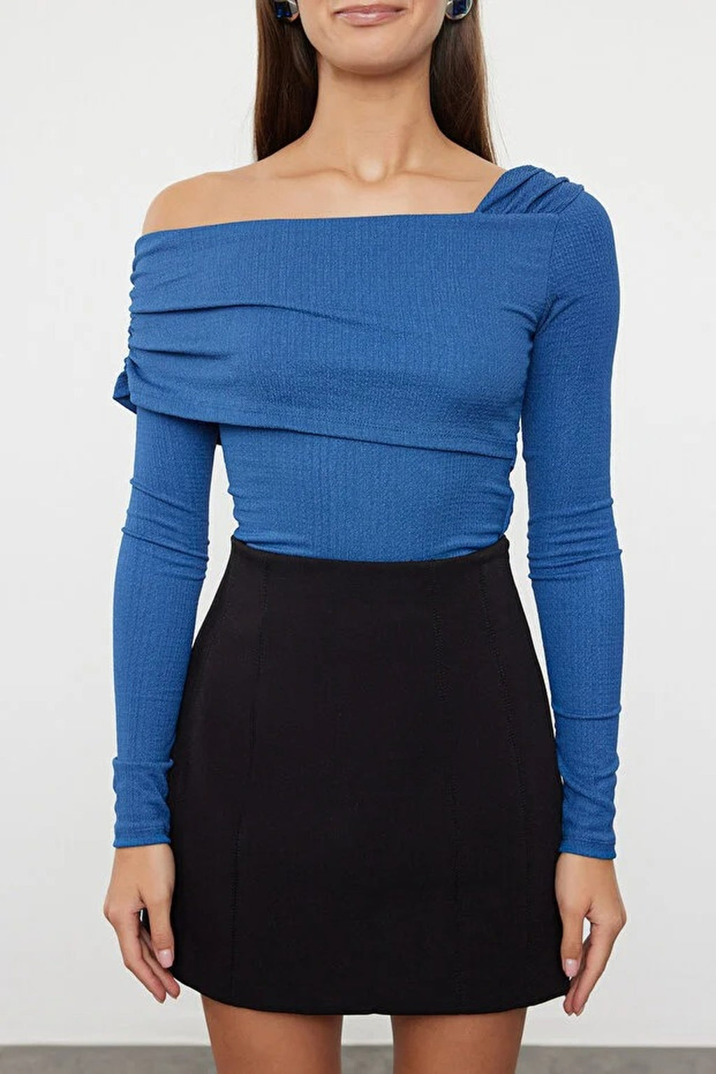 Asymmetrical Collar Draped Knit Bodysuit