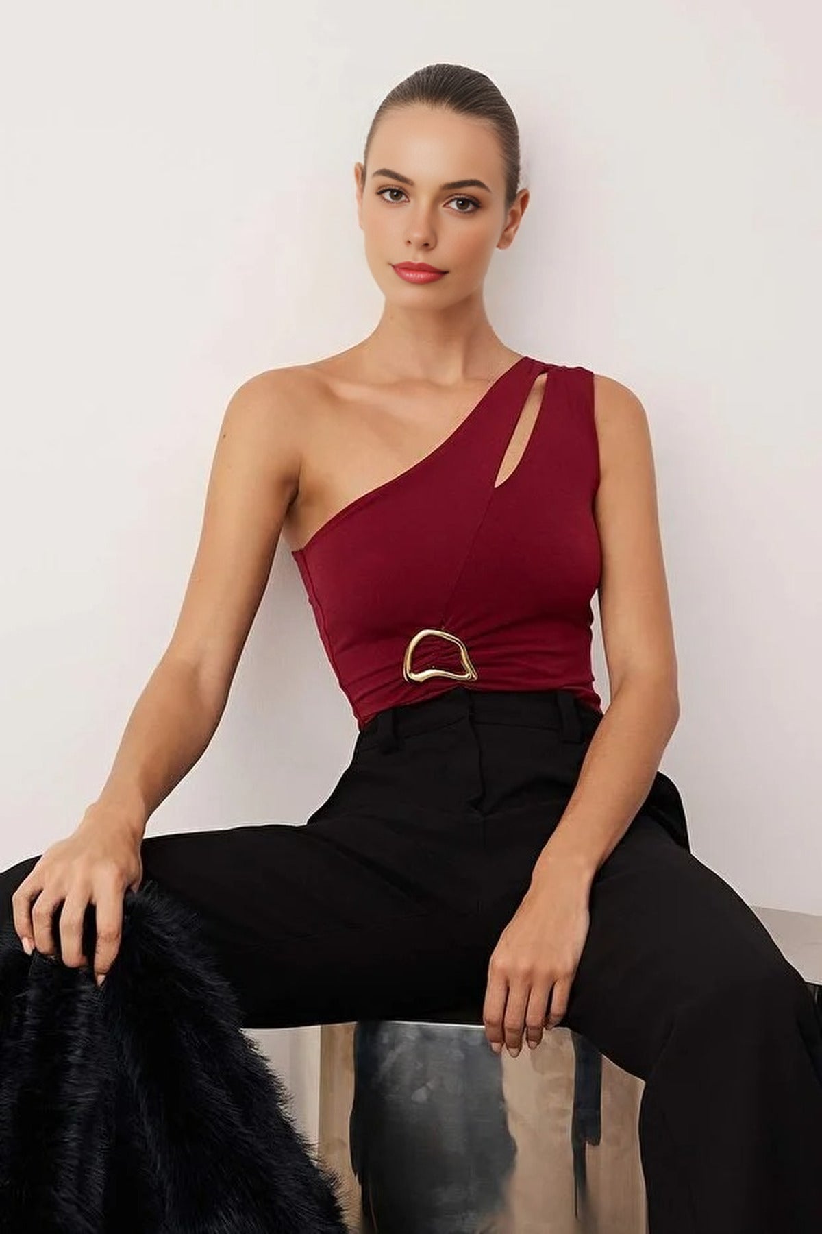 Asymmetrical Collar Bodysuit with Gold Accessory Detail