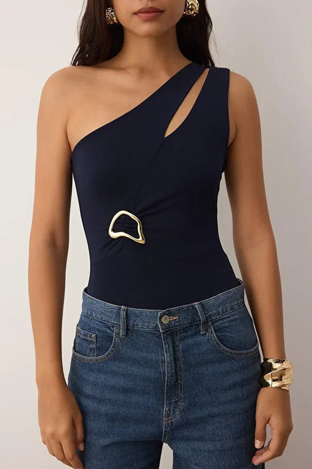 Asymmetrical Collar Bodysuit with Gold Accessory Detail