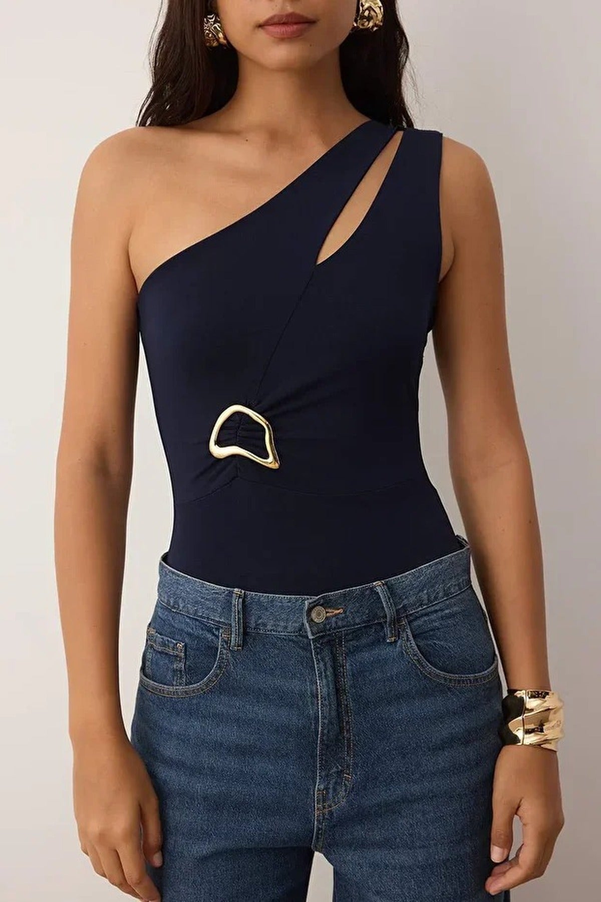 Asymmetrical Collar Bodysuit with Gold Accessory Detail