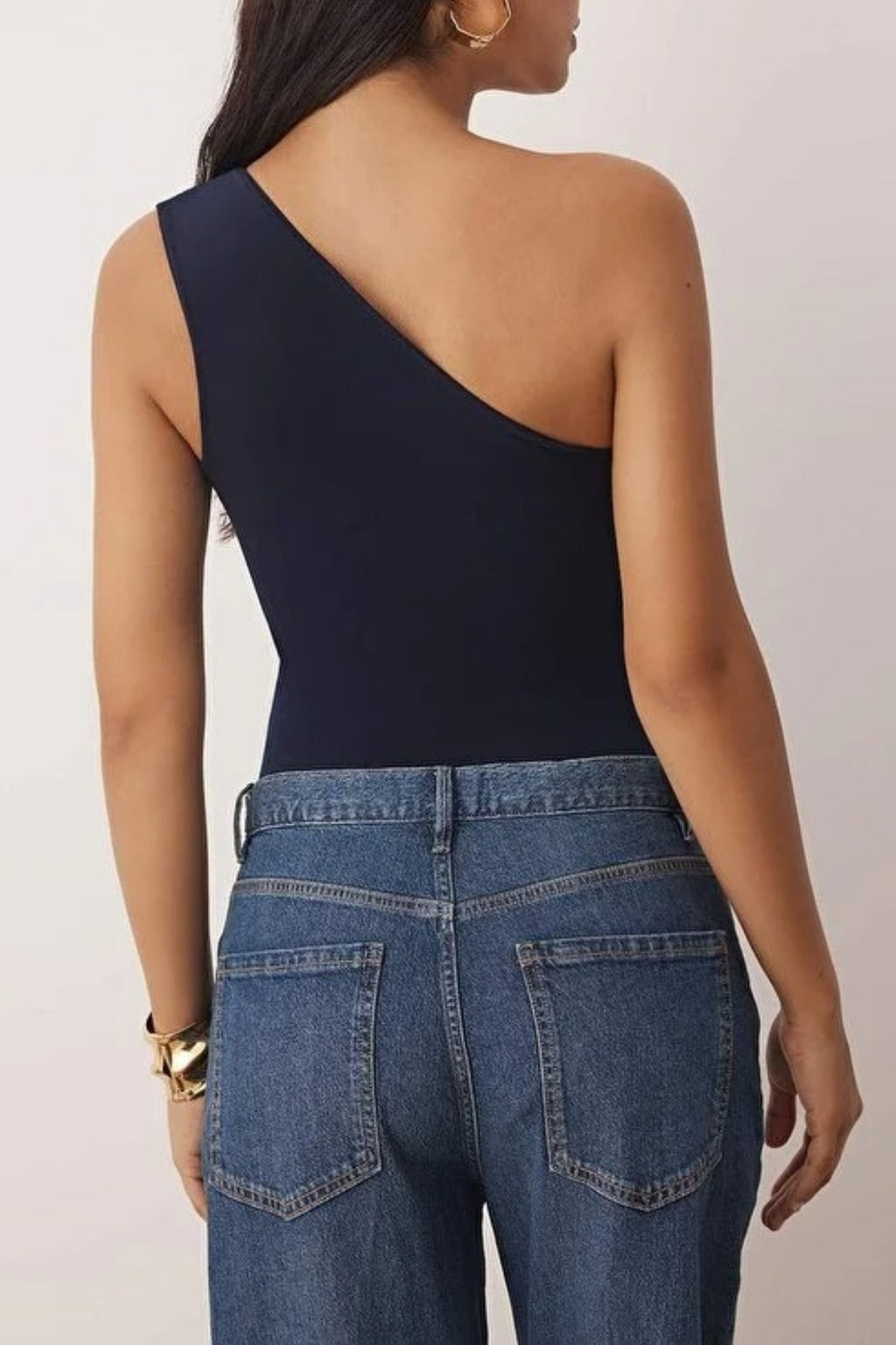 Asymmetrical Collar Bodysuit with Gold Accessory Detail