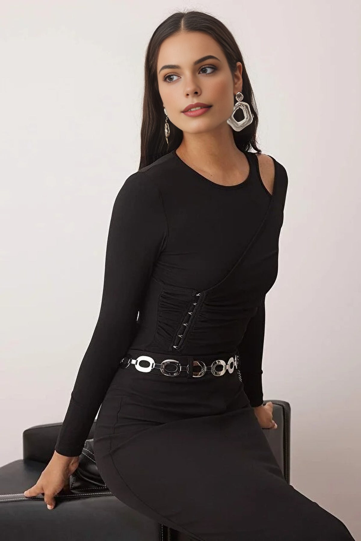 Asymmetric Collar Knit Party Bodysuit with Hooks