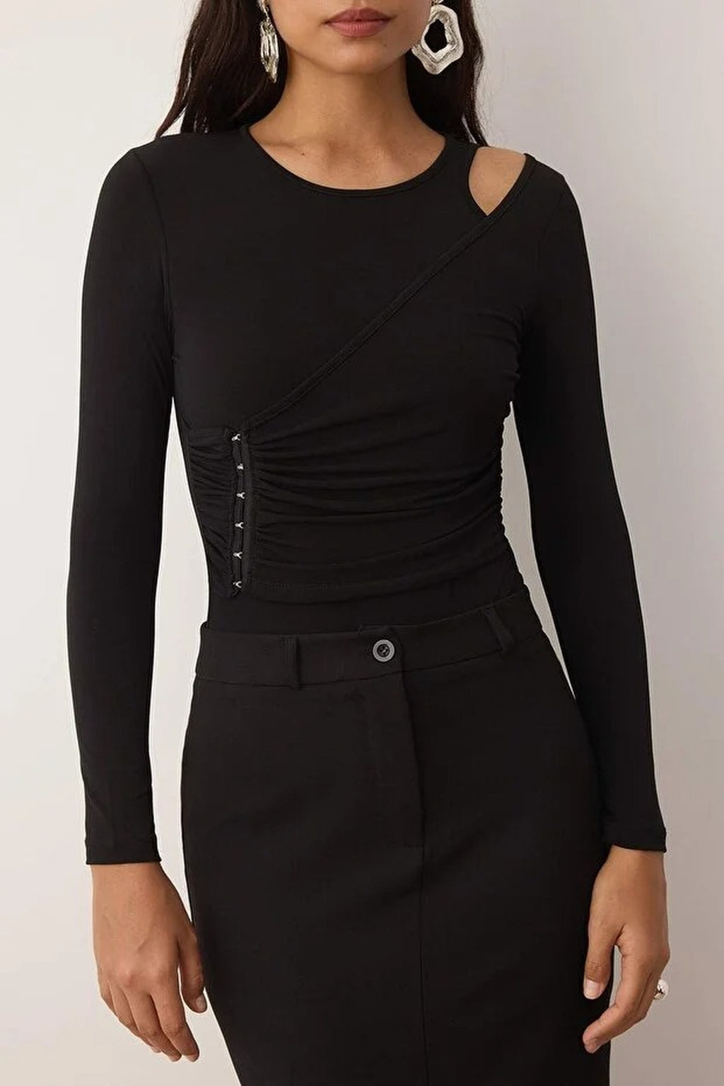 Asymmetric Collar Knit Party Bodysuit with Hooks