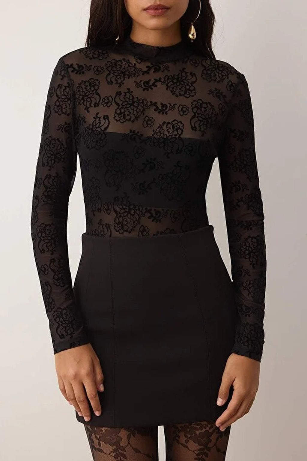 Lined Floral Patterned Stand Collar Knit Tulle Bodysuit