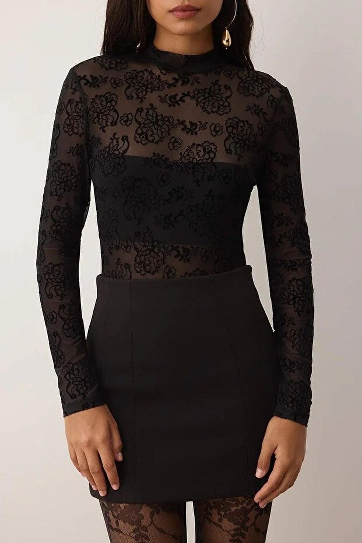 Lined Floral Patterned Stand Collar Knit Tulle Bodysuit