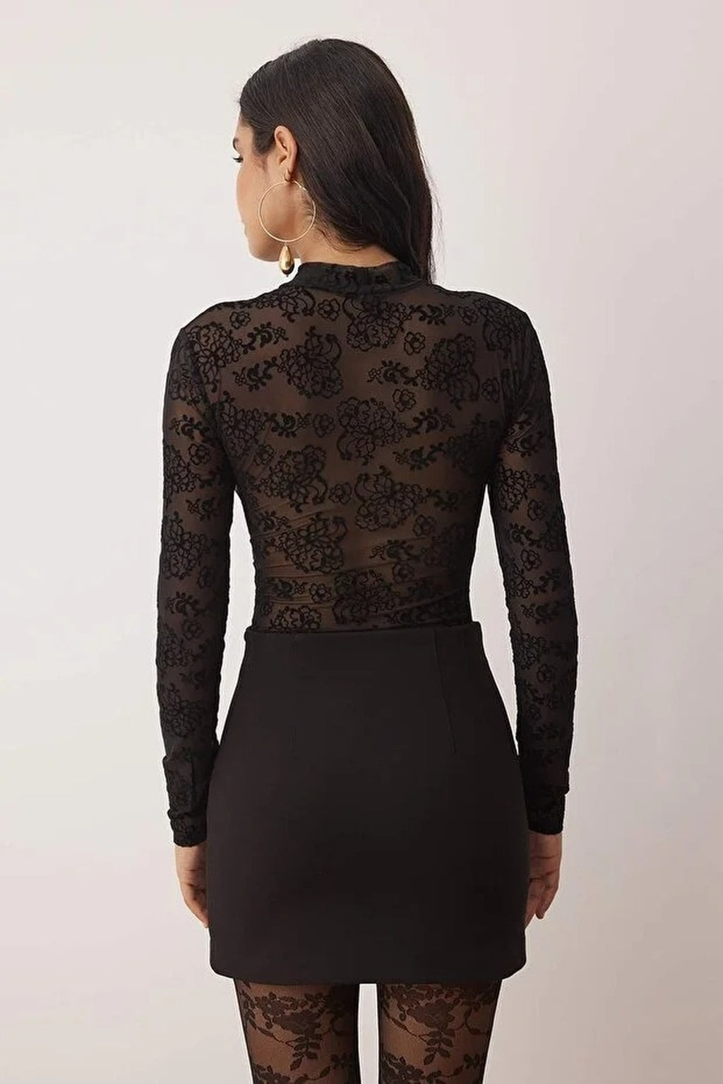 Lined Floral Patterned Stand Collar Knit Tulle Bodysuit