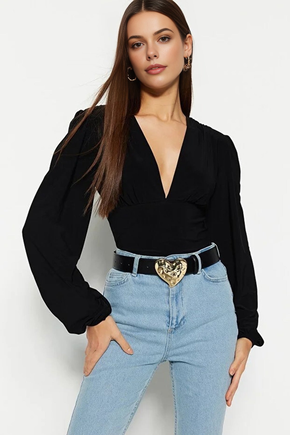 Balloon Sleeve V-Neck Fitted Flexible Knit Bodysuit