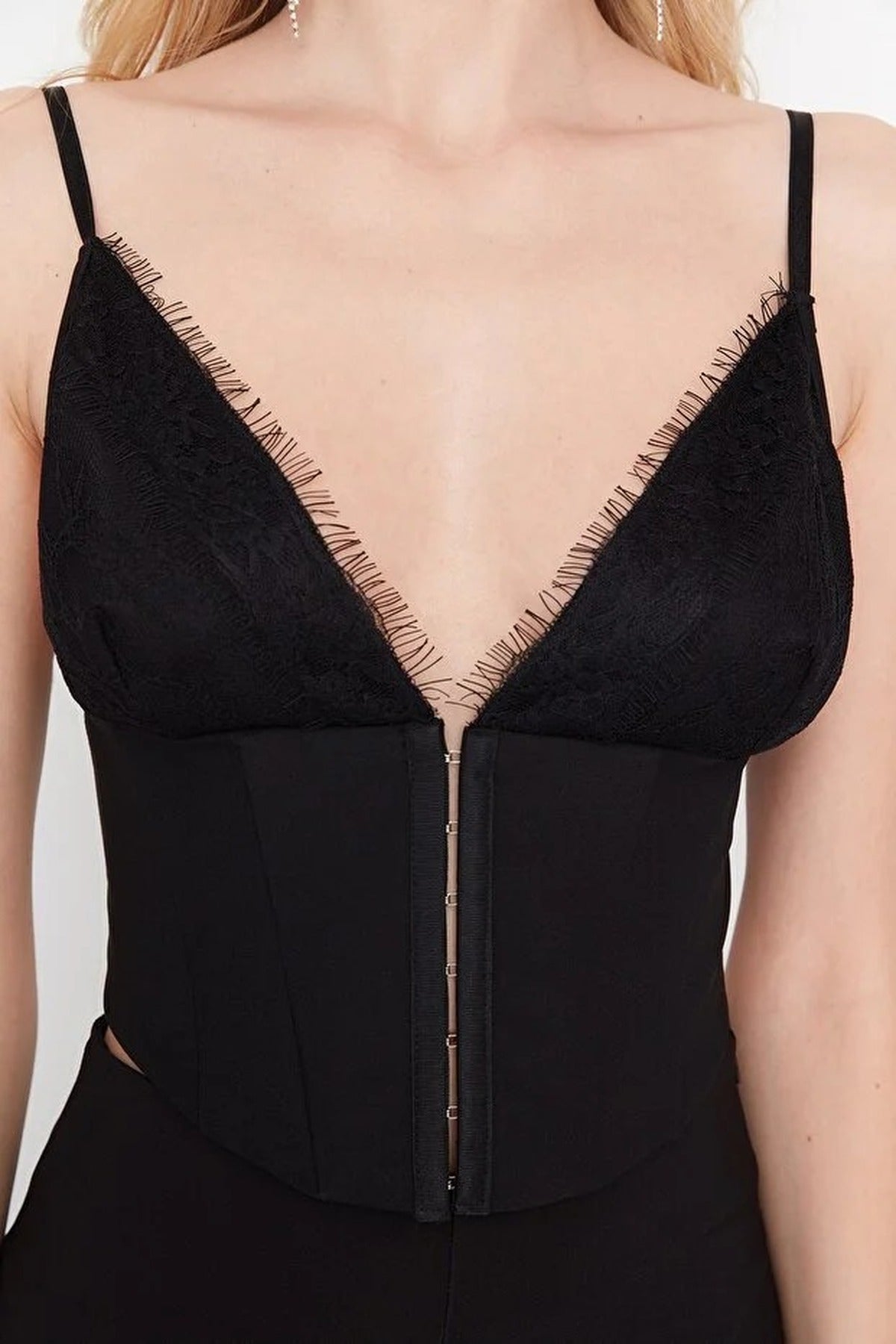 Crop Woven Lace Bustier with Lining and Hooks