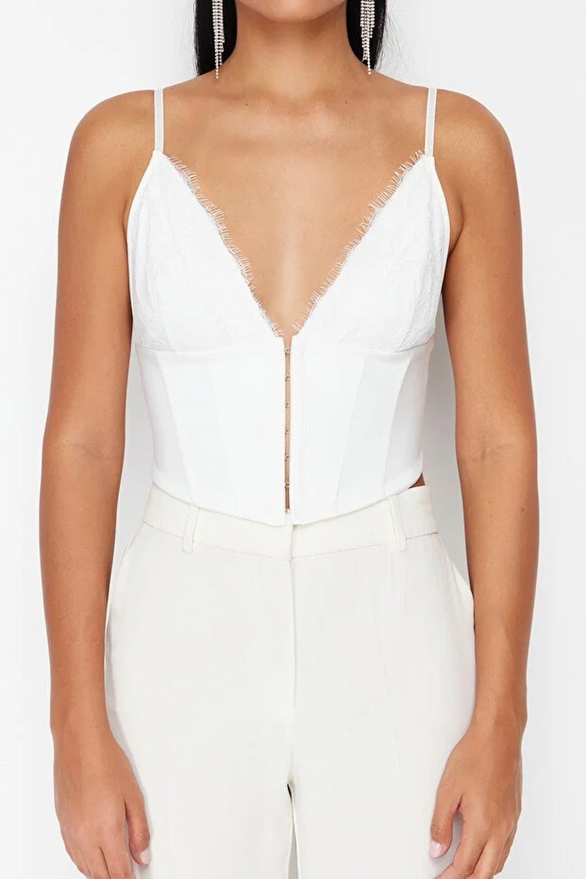 Crop Woven Lace Bustier with Lining and Hooks