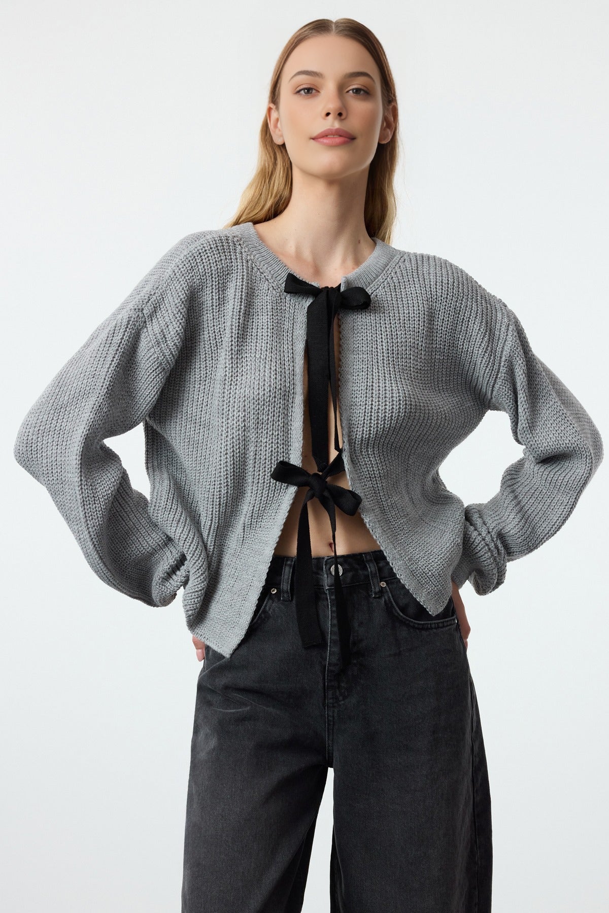 Reversible Cropped Knit Sweater with Ribbon/Bow Tie Detail