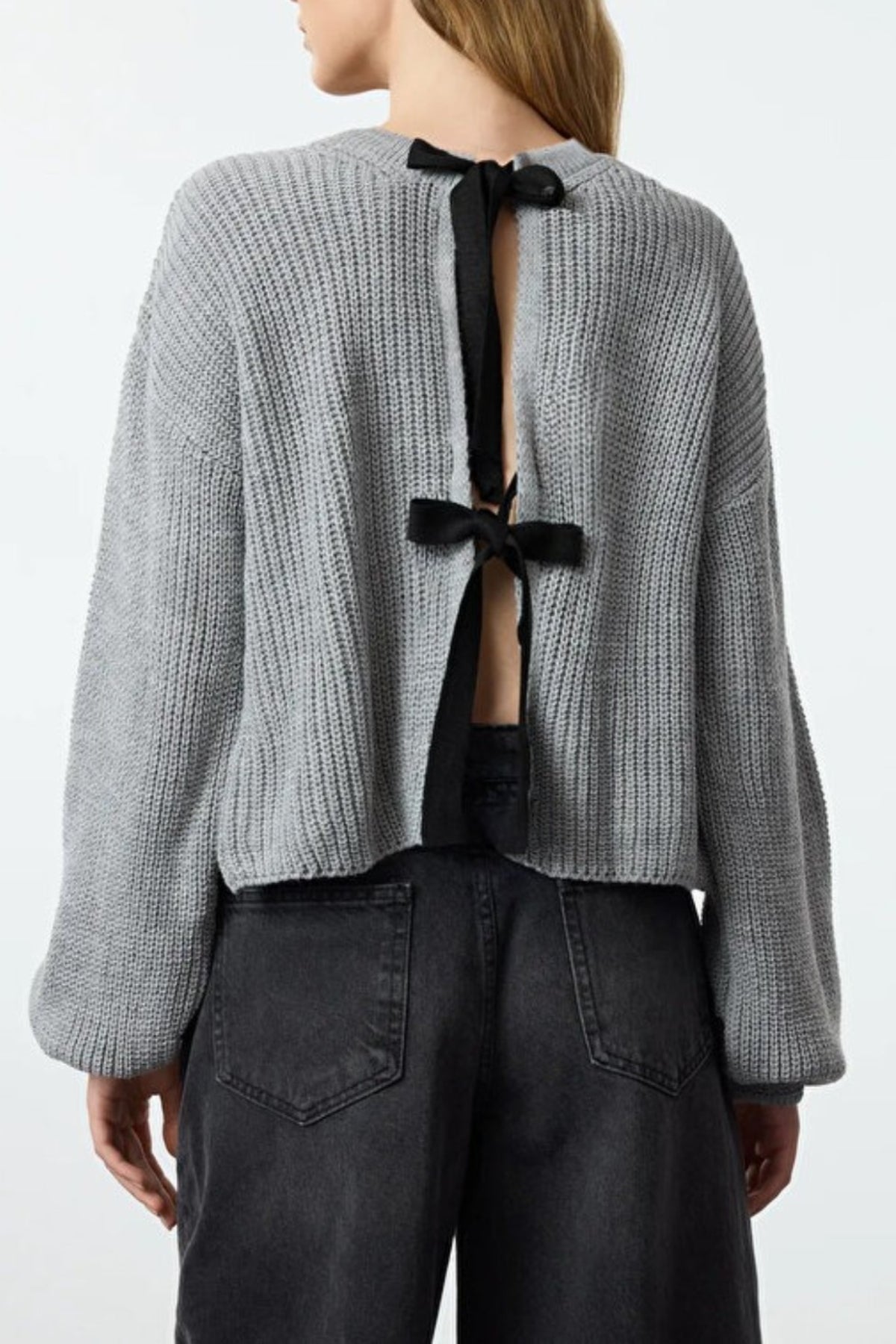 Reversible Cropped Knit Sweater with Ribbon/Bow Tie Detail