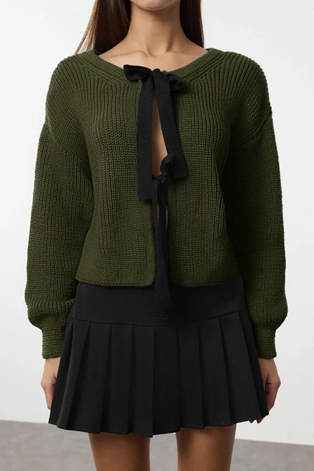 Reversible Cropped Knit Sweater with Ribbon/Bow Tie Detail